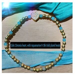 C.Z.Heart, 18k gold plated beads, Aquamarine crystal beaded elastic bracelet